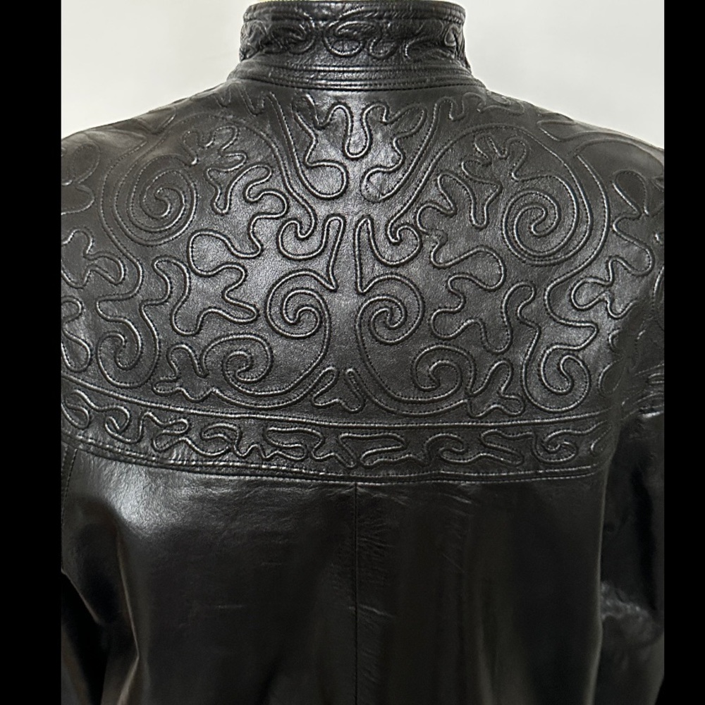 VINTAGE 1980s VAKKO NEIMAN MARCUS BLACK LEATHER EMBROIDERED BOMBER JACKET M EUC - Picture 6 of 8